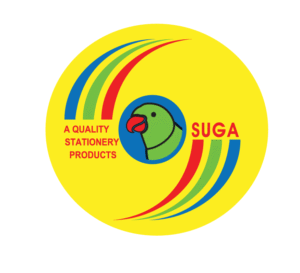 Suga stationery products logo featuring a green parrot and colorful arcs.
